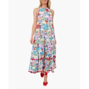 Ro's Garden Fantasia Valley Maxi Dress Floral Halter RicRac Rainbow SZ M